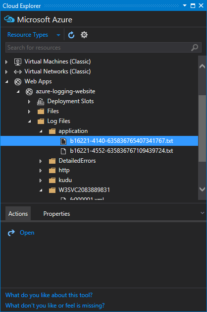 Viewing log files via the Cloud Explorer window in Visual Studio