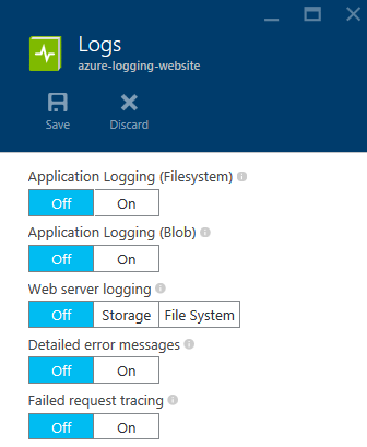 The Diagnostics Logs panel in Azure Portal